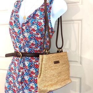 Connections Vintage Woven Straw Bag purse crossbody shoulder genuine leather